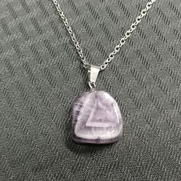 Chevron Purple Amethyst Necklace Natural Gemstone Pendant Stainless-Steel Chain - Picture 11 of 17